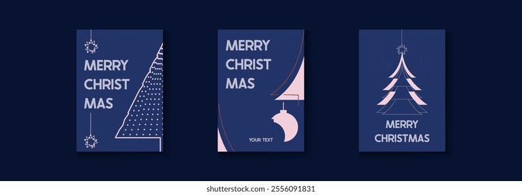 A set of three minimalist Christmas card designs. Christmas tree, ornaments. Elegant designs are perfect for a modern and stylish Christmas greeting