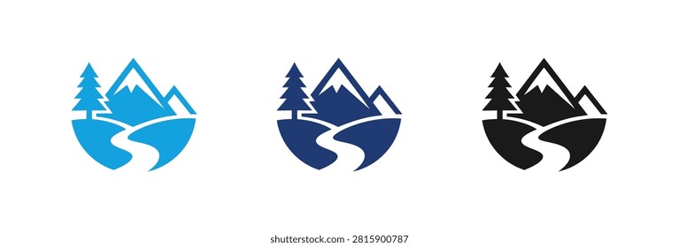 A set of three minimalist circular icons featuring snow capped mountains a winding river and a pine tree in light blue dark blue and black colors