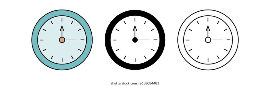 A set of three minimalist clock designs, featuring varying colors and styles, ideal for modern decor.