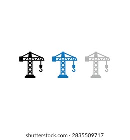 A set of three minimalist construction crane icons representing heavy machinery and building industry equipment in various colors