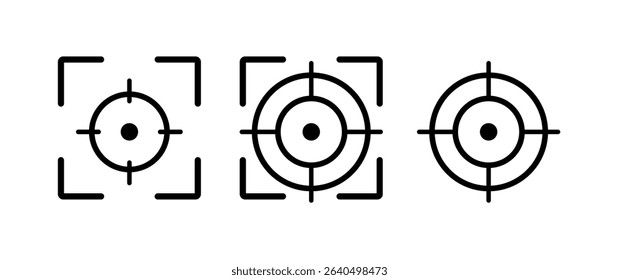 Set of three minimalist crosshair icons in black line style. Includes variations with focus frames and circular target symbols. Perfect for mobile apps, UI design, camera interface, AR VR, shooting .