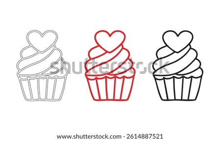 A set of three minimalist cupcake illustrations featuring heart toppers, presented as line art in various colors. Ideal for design projects, bakery themes, and celebratory greeting cards.