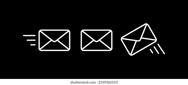 A set of three minimalist envelope icons in a dynamic sequence, symbolizing the process of sending and receiving mail. The icons feature clean lines and a modern design, perfect for web design, mobile