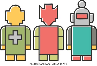 A set of three minimalist, flat-vector cartoon characters presented in a front-facing, symmetrical arrangement against a clean white background. Each character is designed with a blocky, stylized silhouette reminiscent of retro 8-bit video game sprites or simplified icons, featuring thick, bright outlines and a vibrant, limited color palette. From left to right, the first character features a yellow blocky head and a muted green torso marked with a grey medical cross. The middle character has a jagged, crest-like red head and a red torso over a pale green body. The third character is a robotic figure with a grey, rounded head, antennae, a red visor, and a teal-colored torso. The overall aesthetic is clean, playful, and graphic, utilizing bold geometric shapes, flat shading, and a high-contrast style typical of modern interface design or sticker art, with uniform lighting and no gradients or brights.