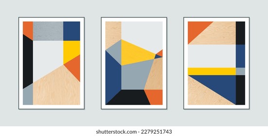 Conjunto de tres afiches minimalistas, geométricos, abstractos, con textura de madera para decoración de casa o de oficina.