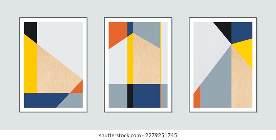 Set of three minimalist, geometric, abstract posters, with wood texture for home or office wall decoration.