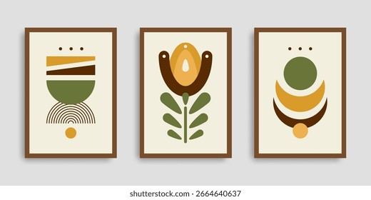 Set of three minimalist geometric vector posters in earthy tones. Abstract shapes and floral elements for modern wall art, Scandinavian interior decor, print or digital design use.