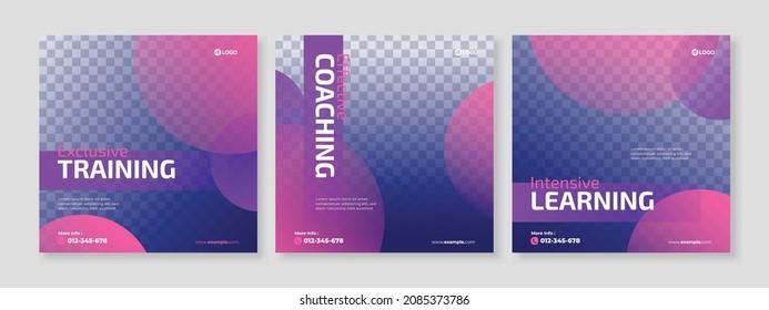 Set of three minimalist gradient geometric background of online course promotion banner social media pack template premium vector