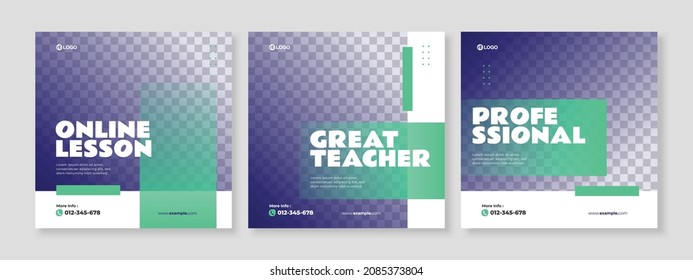 Set of three minimalist gradient geometric background of online course promotion banner social media pack template premium vector