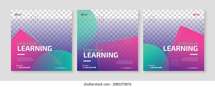 Set of three minimalist gradient geometric background of online course promotion banner social media pack template premium vector
