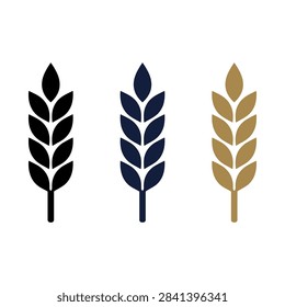 A set of three minimalist grain stalk symbols representing wheat barley or rye in different colors for agricultural branding and design