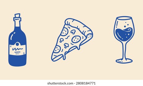 A set of three minimalist hand-drawn doodle icons in deep blue outlines against a soft cream background. The vector-style illustration depicts a wine.