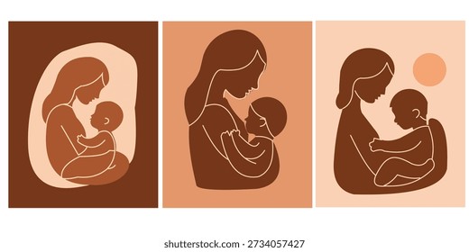 Conjunto de três ilustrações minimalistas que retratam o vínculo entre mãe e bebê, gravidez e amamentação em tons quentes e terrosos