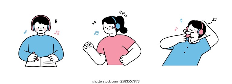 A set of three minimalist illustrations featuring people enjoying music with headphones. Activities include studying, exercising, and relaxing. 