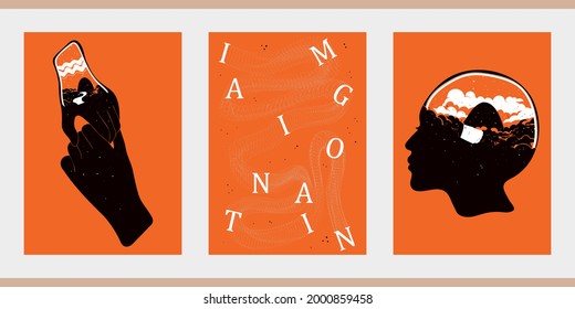 A set of three minimalist illustrations with hands, a girl's face in profile and the caption Imagination. Vintage hand drawn posters. Backgrounds for the design of social networks, interiors.