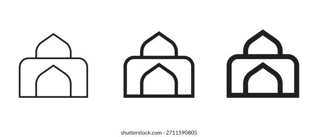 A set of three minimalist Islamic mosque or prayer building icons, rendered in outline, line art, and bold line styles on a white background.