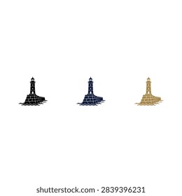 A set of three minimalist lighthouse illustrations featuring a beacon tower on a stone pier in black navy blue and gold metallic colors