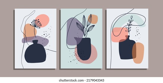 Set OF Three Minimalist Line Art Mid Century Poster Background With Pottery, Palm Leaves And Weeds