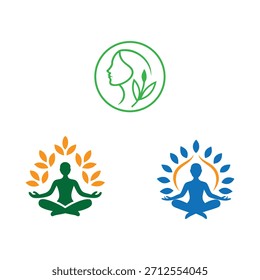 Conjunto de tres logotipos minimalistas con un perfil de mujer con hojas, y dos figuras de meditación rodeadas de Formas de hojas abstractas.