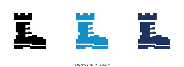 A set of three minimalist logos featuring the letter L integrated with a medieval castle battlement and a sturdy work boot shape in black and blue colors.
