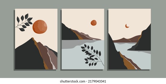 Set Of Three Minimalist Mid Century Landscape Background With Mountain, Moon, Sea And Leaves