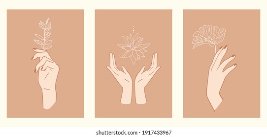 A set of three minimalist pastel posters. Backgrounds for your social media, web design, interiors. Vintage cute illustrations with different hands, flowers, plants, leaves from thin white lines.