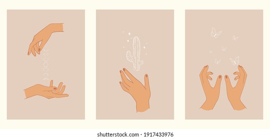 A set of three minimalist pastel posters. Backgrounds for your social media, web design, interiors. Vintage illustrations with different hands, cactus, phases of the moon, butterflies from thin lines.