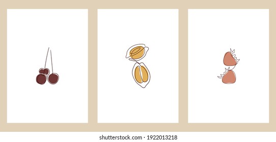 A set of three minimalist pastel posters. Backgrounds for social networks, web design, interiors. Vintage cute illustrations with cherry, lemon, strawberry from thin black lines on a white background.