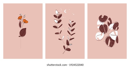 A set of three minimalist pastel posters. Backgrounds for social networks, web design, interiors. Vintage cute illustrations with flowers, plants, leaves from thin black lines on a neutral background.