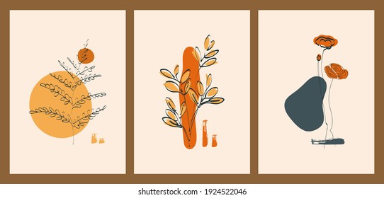 Eine Reihe von drei minimalistischen Pastellplakaten. Hintergründe für soziale Netzwerke, Webdesign, Inneneinrichtung. Vintage süße Illustrationen mit Blumen, Pflanzen, Blätter von dünnen schwarzen Linien auf neutralem Hintergrund.