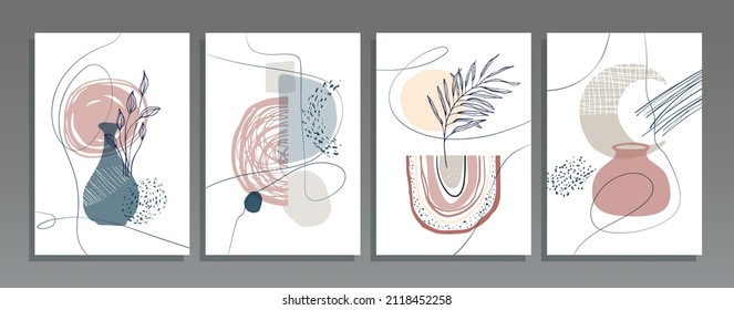 Set of three minimalist poster background with pottery, moon, floral, pastel colors and abstract shape element. Suitable for background, poster, cover, wall art, home decor and other template.