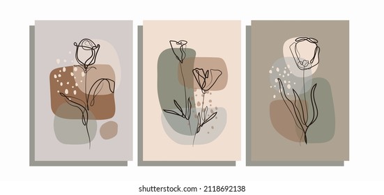 Set of three minimalist poster background with continuous line art blooming flower and abstract shape element. Suitable for background, poster, cover, wall art, home decor and other template.