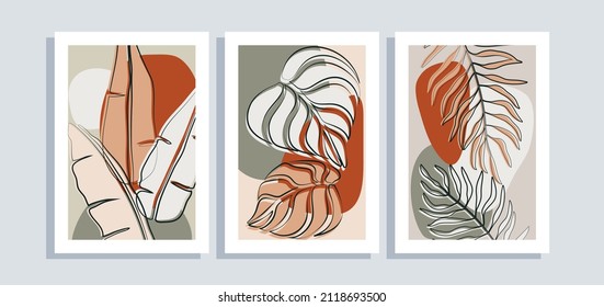 Set Of Three Minimalist Poster Background With Continuous Line Art Banana Leaf, Palm And Abstract Shape Element. Suitable For Background, Poster, Cover, Flyer, Wall Art, Home Decor And Other Template.