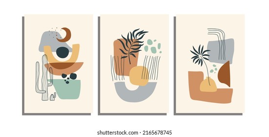 Conjunto de tres fondo de póster minimalista con el arte de línea continua hoja tropical y elemento de forma abstracta. Adecuado para el fondo, afiche, portada, volante, arte mural, decoración casera y otras plantillas.