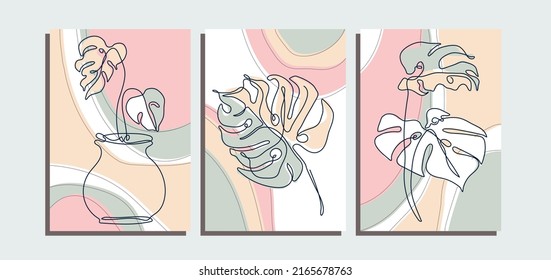 Conjunto de tres fondo de póster minimalista con el arte de línea continua hoja tropical y elemento de forma abstracta. Adecuado para el fondo, afiche, portada, volante, arte mural, decoración casera y otras plantillas.
