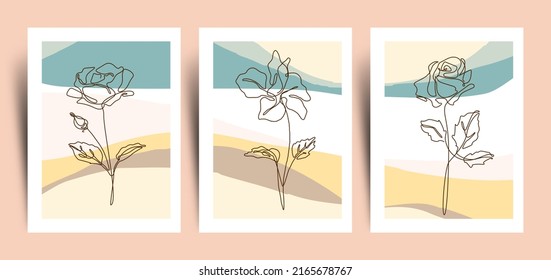 Set of three minimalist poster background with continuous line art tropical leaf and abstract shape element. Suitable for background, poster, cover, flyer, wall art, home decor and other template.