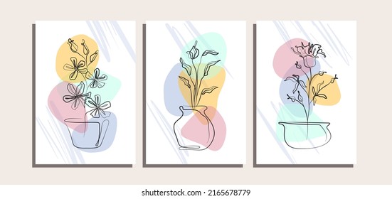 Set of three minimalist poster background with continuous line art tropical leaf and abstract shape element. Suitable for background, poster, cover, flyer, wall art, home decor and other template.