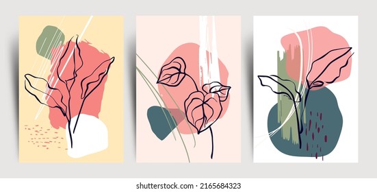 Set of three minimalist poster background with continuous line art banana leaf, palm and abstract shape element. Suitable for background, poster, cover, flyer, wall art, home decor and other template.