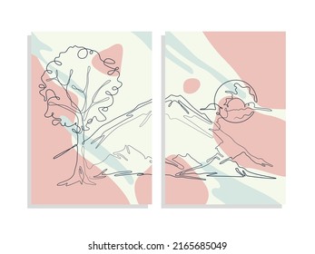 Conjunto de tres fondo de póster minimalista con vista continua de arte de la montaña. Adecuado para el fondo, afiche, portada, volante, arte mural, decoración casera y otras plantillas.