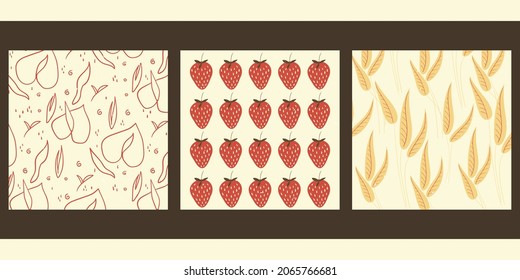 A set of three minimalist posters. Aesthetic vector backgrounds for the decor of premises, offices, applications, sites. Colorful hand drawn illustrations with flowers, thin lines, strawberries.