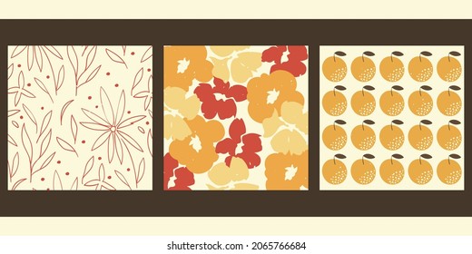 A set of three minimalist posters. Aesthetic vector backgrounds for the decor of premises, offices, applications, sites. Colorful hand drawn illustrations with flowers, thin lines, fruits, oranges.