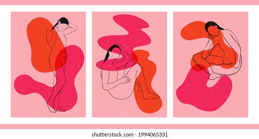 Set of three minimalist posters with girls. Hand drawn illustrations of young women in different poses against a background of abstract shapes. Backgrounds for interiors, social networks, advertising.