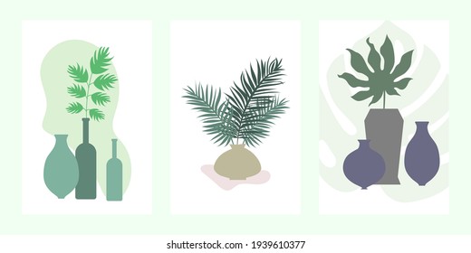 Set of three minimalist posters - vases with branches. Poster composition with various vases and branches. Minimalistic wall banner for interior design. Boho style, trendy design, modern, green colors