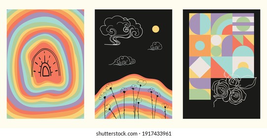 Set von drei minimalistischen Regenbogenplakaten. Hintergründe für Ihre sozialen Medien, Webdesign, Inneneinrichtung. Vintage-Illustrationen mit verschiedenen hellen Streifen, Wolken, dünnen Linien, geometrischen Formen.