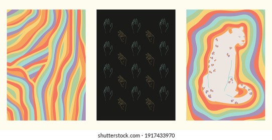 Set of three minimalist rainbow posters. Backgrounds for your social media, web design, interiors. Vintage illustrations with different bright stripes, leopard, hands, thin lines, geometric shapes.