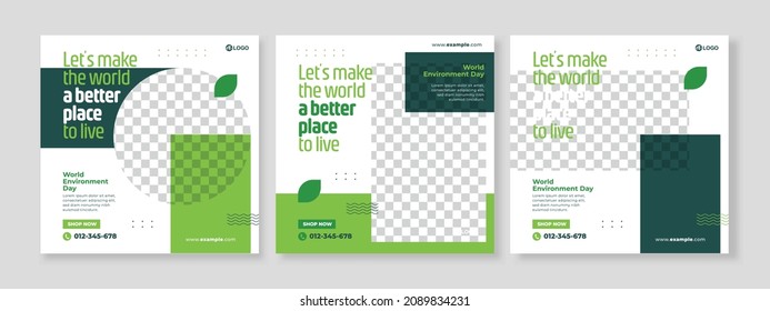 Set of three minimalist rectangle background of world environment day of nature promotion banner social media pack template premium vector