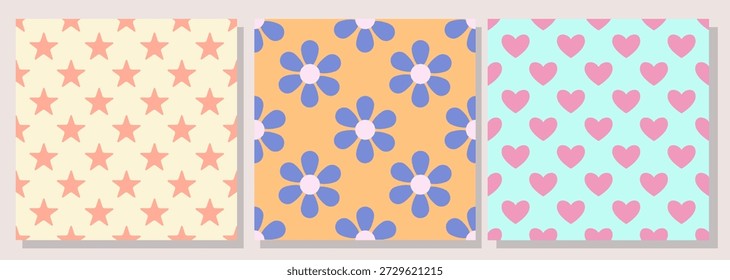 Un conjunto de tres patrones minimalistas sin costuras con motivos clásicos: estrellas, flores simples y corazones. Creado en un estilo limpio y moderno. Perfecto para añadir un toque decorativo sutil a los textiles