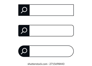 Conjunto de tres barras de búsqueda minimalistas con iconos de lupa en Formas cuadradas, redondeadas y de píldora