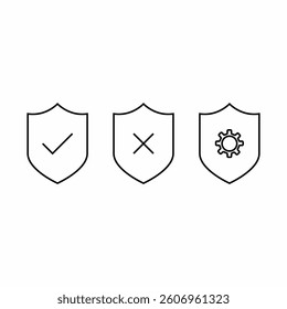A set of three minimalist shield icons, each represented by a simple outline, containing a checkmark, an 'x' mark, and a gear symbol, respectively, against a light background.