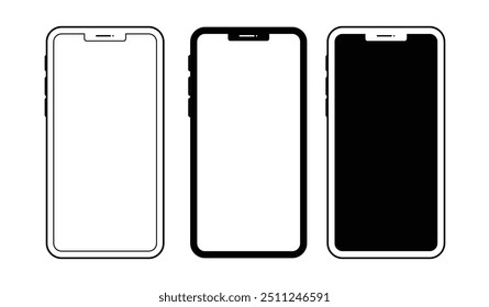 A set of three minimalist smartphone silhouettes.